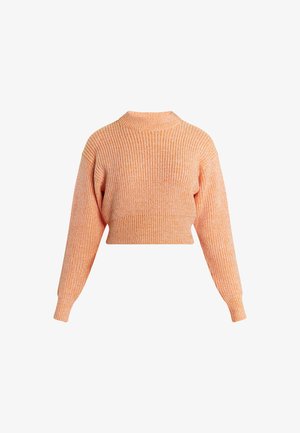 Rövidített pulóver világos narancssárga bordás kötésben, magas nyakkal és hosszú ujjakkal, textúrázott felületű és varrás nélküli vállakkal.