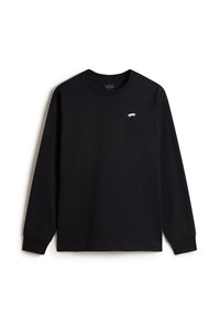 Zwarte longsleeve shirt van katoen, met een ronde halslijn en een klein wit skateboardlogo op de linkerborst.