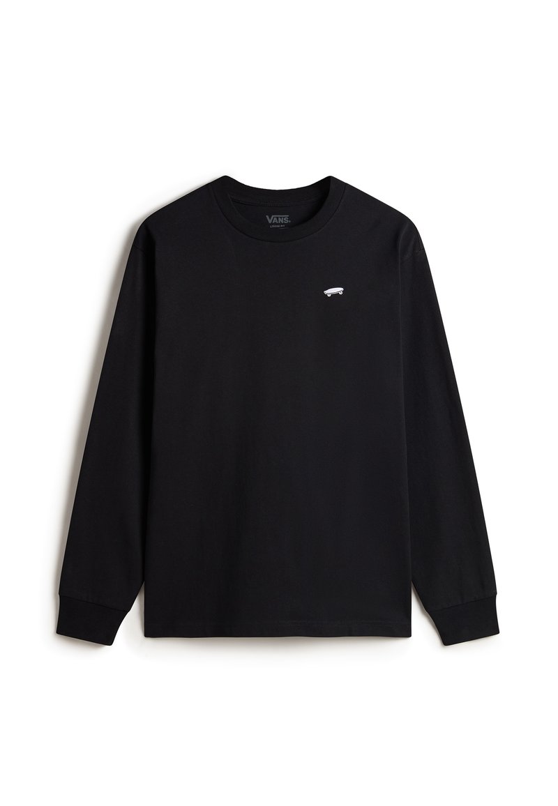 Zwarte longsleeve shirt van katoen, met een ronde halslijn en een klein wit skateboardlogo op de linkerborst.