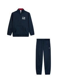 Granatowy dres składający się z rozpinanej kurtki z stójką i przednimi kieszeniami, w komplecie z pasującymi spodniami, obie części wykonane z gładkiego materiału.