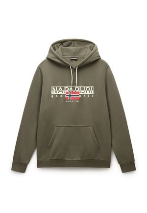 Olivengrøn hættetrøje med en frontlomme, justerbar snor til huen og hvidt logo med et flag og teksten "Napapijri Geographic."