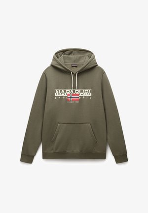 Hoodie oliivinvihreä, jossa on etupuolella kengurupussimainen tasku, säädettävä naruhuppu sekä valkoinen logo, jossa on lippu ja teksti "Napapijri Geographic".