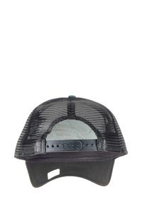 Black mesh trucker cap featuring a solid black front panel, curved brim, adjustable snapback with multiple sizing holes on the rear.
