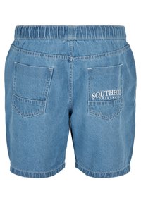 Vue arrière d'un short en denim bleu clair avec une taille élastique, deux poches plaquées, et "SOUTHPOLE ORIGINALS" brodé sur la poche droite.