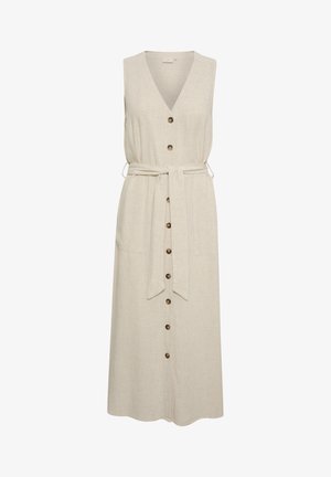 Beżowa, lniana sukienka bez rękawów z dekoltem w kształcie litery V, z przodu guziki, dwoma kieszeniami i przewiązaną w pasie paskiem. Gładka tekstura, długość do kolan.