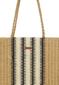Geweven tote bag van natuurlijke vezels; heeft een gestreept patroon in beige, cream en zwart met een klein leren label.