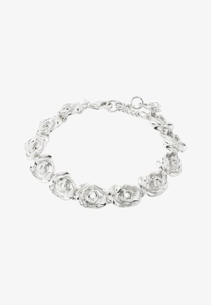 Silver bracelet with linked rose-shaped charms and a lobster clasp closure with adjustable chain.
