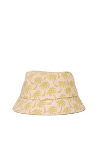 Cappello a secchiello in cotone con sfondo rosa chiaro e stampa di palme gialle. Presenta una visiera ampia inclinata verso il basso.