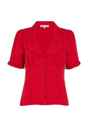 Rote kurzärmelige Bluse mit rundem Kragen, vorn mit stoffbezogenen Knöpfen und gerüschten Ärmelabschlüssen.