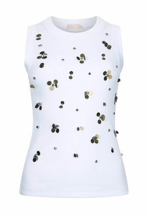 Haut en maille blanc sans manches avec encolure ronde, décoré de sequins noirs et dorés regroupés en grappes ainsi que de petits strass.