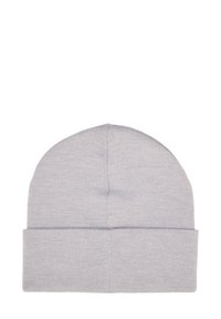 Szara dzianinowa czapka z podwiniętym mankietem. Miękka w dotyku, bezszwowa góra i elastyczny kształt, odpowiadający różnym rozmiarom głowy.