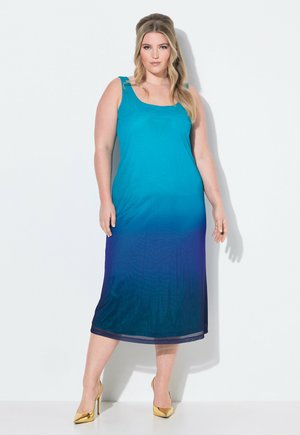 Aqua-blau zu tiefem Marineblau Ombre ärmelloses Maxikleid mit Rundhalsausschnitt und glatter Textur, mit lässiger Passform und knöchellanger Länge.