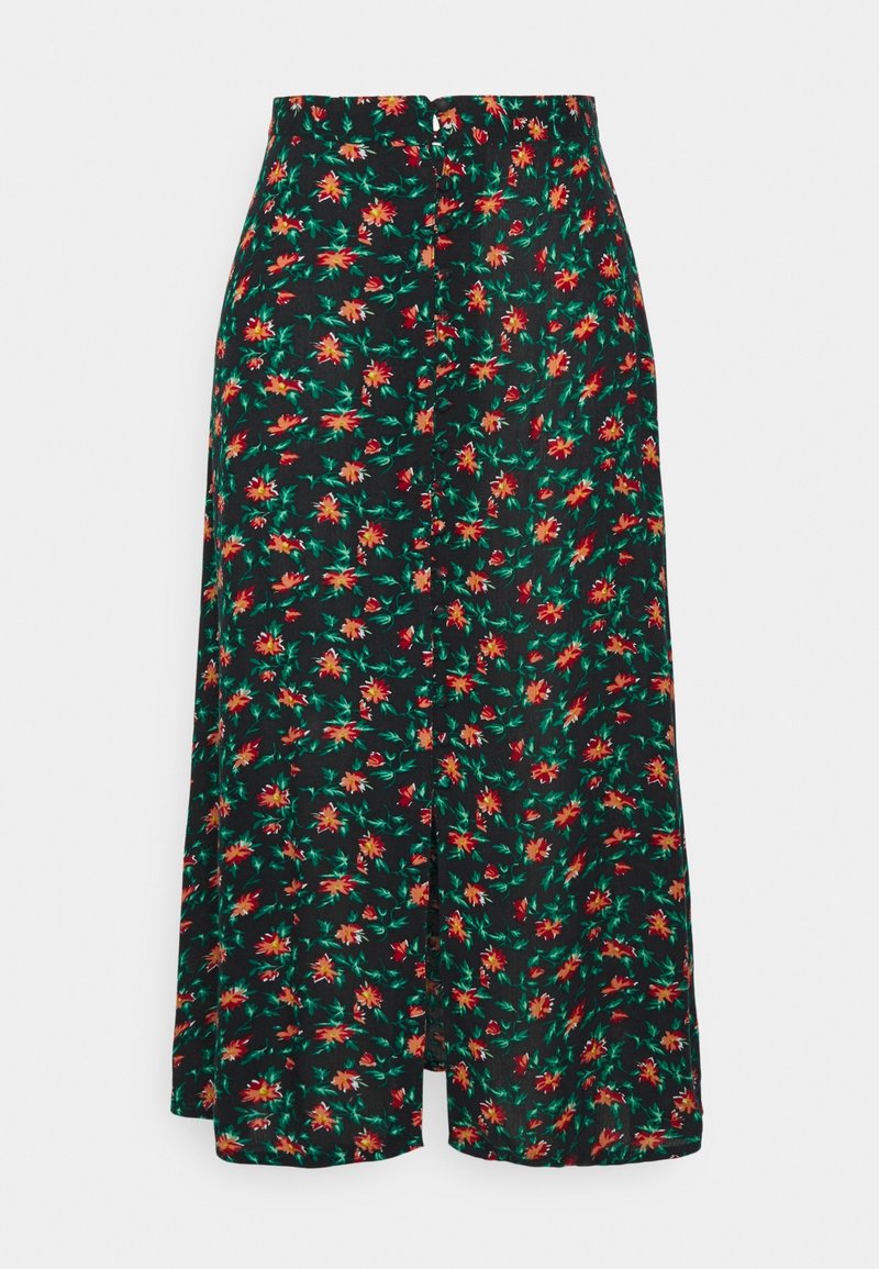 Jupe midi noire à fermeture boutonnée sur le devant avec un motif floral rouge et orange et des feuilles vertes.