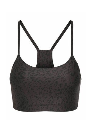 Brassière de sport gris foncé avec un imprimé léopard noir subtil, fines bretelles et dos nageur.