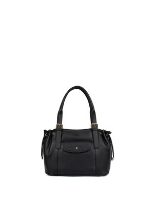 Sac à main en cuir noir avec deux poignées, poche avant avec bouton et détails à cordon sur les côtés, présenté sur fond blanc.