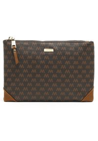Pochette marron à motif avec quincaillerie dorée, en tissu texturé, fermeture éclair et accents en cuir marron aux coins.