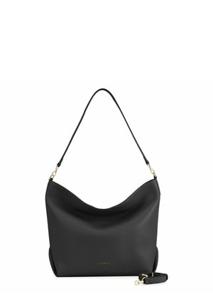 Bolso de hombro de cuero negro con herrajes dorados, una correa larga fija y una correa adicional desmontable colocada junto a él.