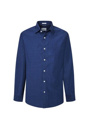 Chemise à manches longues bleu marine en tissu texturé, dotée d'un motif à pois, d'une fermeture à boutons sur le devant et d'un col classique avec des boutons contrastants.