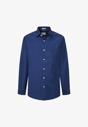Navyblauw langemouwen shirt in gestructureerde stof, met een stippenpatroon, knoopsluiting aan de voorkant en een klassieke kraag met contrasterende knopen.