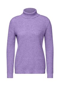 Pull en tricot violet avec un col montant, présentant un motif texturé, des manches longues et des bords côtelés au niveau des poignets et de l'ourlet. Tissu doux et de poids moyen.