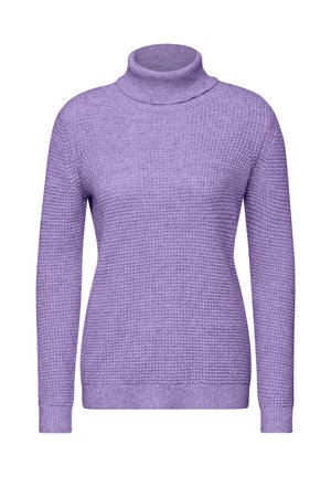 Pull en tricot violet avec un col montant, présentant un motif texturé, des manches longues et des bords côtelés au niveau des poignets et de l'ourlet. Tissu doux et de poids moyen.