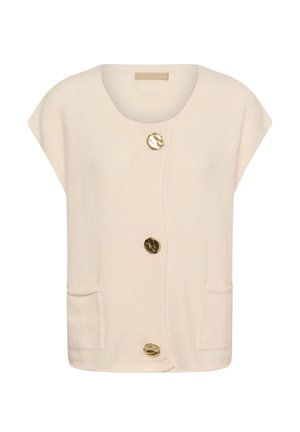 Beežist kootud cardigan lühikeste varrukatega, ümar kaelus, kolm kuldset nuppu ja esitaskud. Tekstuuriga kangas pehme viimistlusega.