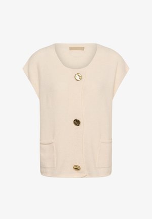 Bēša adīta kardigana ar īsām piedurknēm, apaļu kakla izgriezumu, trim zelta pogām un priekšējiem kabatām. Audums ar teksturētu virsmu un mīkstu apdari.