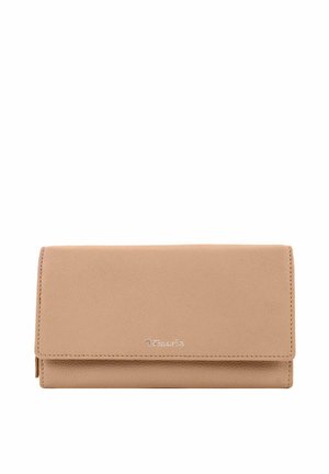 Beige leather wallet with a smooth texture, rectangular shape, and a silver logo. Features a fold-over flap and subtle stitching details.