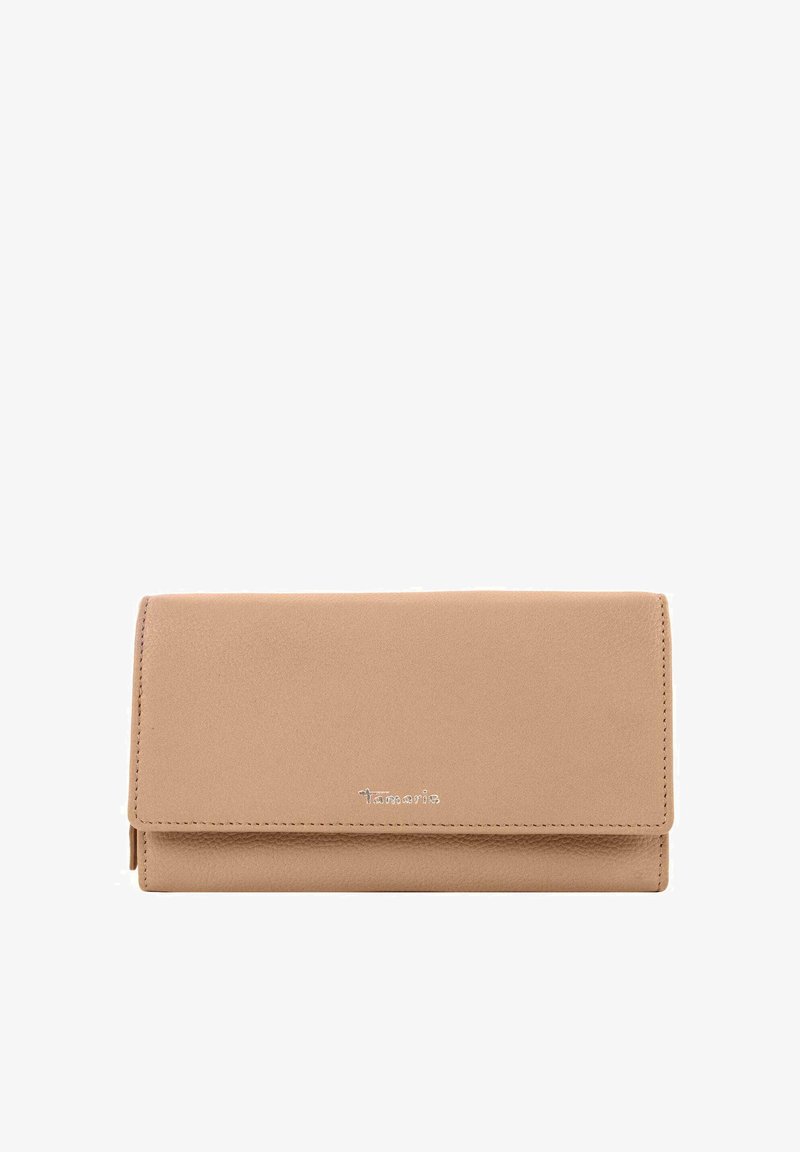 Beige leather wallet with a smooth texture, rectangular shape, and a silver logo. Features a fold-over flap and subtle stitching details.