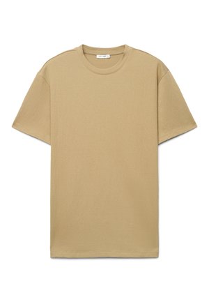 Beiges T-Shirt mit kurzen Ärmeln und Rundhalsausschnitt aus dezent strukturiertem Stoff sowie einem kleinen Etikett innen am Halsausschnitt.