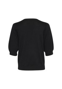 Pull en maille noir léger avec une coupe décontractée, des manches ballons mi-longues et un col arrondi. Texture lisse et design simple.