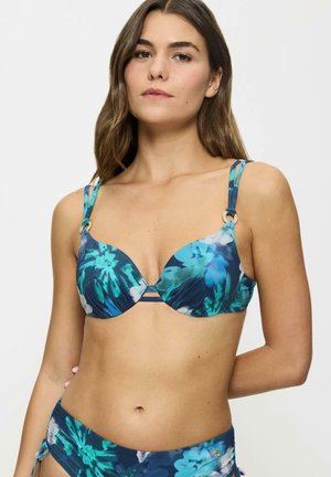 Niebieski biustonosz bikini w kwiatowy wzór z wkładkami, regulowanymi ramiączkami i złotymi akcentami, z wyrazistym, wielokolorowym wzorem i gładką teksturą.