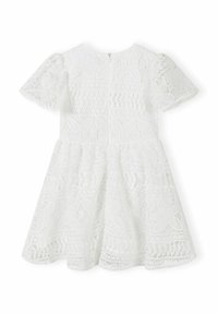 Robe blanche en dentelle avec des manches courtes à volants. Présente des motifs floraux et une jupe évasée. Fermeture éclair au dos. Texture légère.
