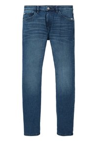 Jean en denim bleu slim-fit avec bouton et fermeture éclair, poches avant et arrière, et légère décoloration au niveau de la cuisse.