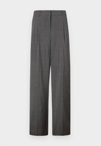 Pantalon gris à jambes larges avec motif à carreaux noirs et poches latérales, conçu pour une coupe décontractée et ajustée.