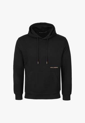 Sort hættetrøje med kængurulomme foran, snøre i hætten og lille gyldent "KARL LAGERFELD" logo på nederste højre bryst.