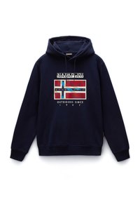 Navy blauwe sweater van katoen, met een grafisch ontwerp met een vlagmotief, "NAPAPIJRI" tekst en een kangoeroezak.
