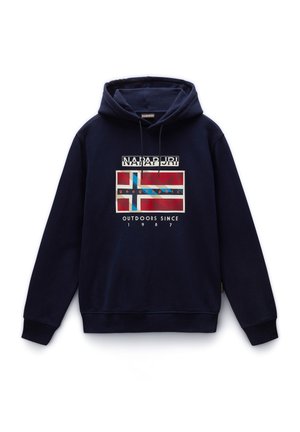 Felpa blu navy in cotone, con un design grafico che presenta un motivo a bandiera, testo "NAPAPIJRI" e una tasca a marsupio.