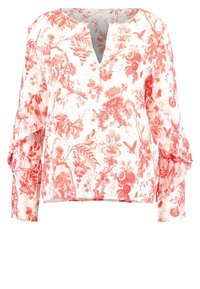 Blommönstrad topp i ljusrosa och korall, med djup V-ringning och volangärmar med genomskinliga inslag. Tillverkad av lättviktsmaterial.