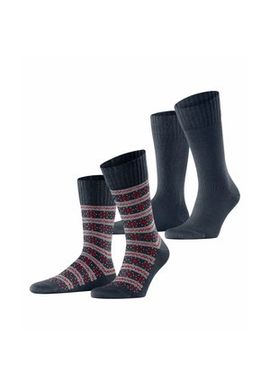 Set of four pairs of socks: two solid dark blue, two with a patterned design of gray, red, and black stripes. Ribbed cuffs. Soft texture.
