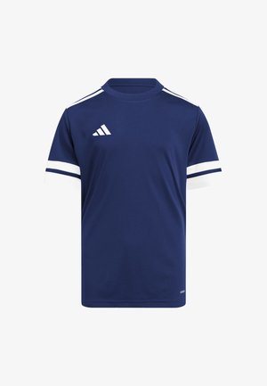 Tamsiai mėlynas sportinis marškinėliai, pagaminti iš pralaidaus audinio, su apvalia iškirpte, trumpomis rankovėmis ir baltais juostelėmis ant rankovių.