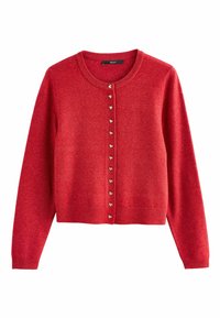 Red wool cardigan with a round neckline, featuring heart-shaped button closures down the front and ribbed cuffs. Lightweight texture.