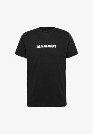 Schwarzes T-Shirt mit kurzen Ärmeln und weißem "MAMMUT"-Schriftzug mittig auf der Brust, mit Rundhalsausschnitt.