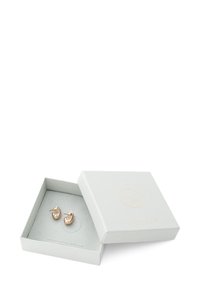 Goldfarbene Creolen mit kunstvollen Ausschnitten, präsentiert in einer hellgrauen, strukturierten Box mit eingeprägtem Logo und subtilen Akzenten.