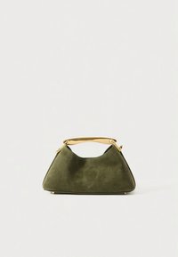 Green suede handbag with a triangular shape, featuring a gold-tone handle and metal accents. Smooth texture with subtle seams.