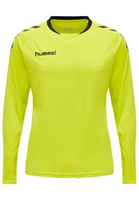 Langärmliges gelbes Jersey mit schwarzen Akzenten und Details, hergestellt aus leichtem, atmungsaktivem Stoff mit rundem Ausschnitt und strukturierten Ärmeln.