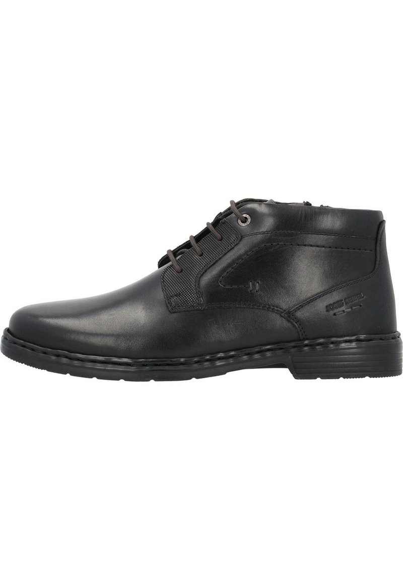Schwarze Lederknöchelstiefel mit glatter Oberfläche, ausgestattet mit einer Schnürverschlussgestaltung und strukturierten Seitenpaneelen. Gummisohle mit Nähdetails.
