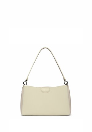 Sac à main rectangulaire couleur crème avec une seule bandoulière et une fermeture éclair, arborant un petit logo Bugatti au centre avant.