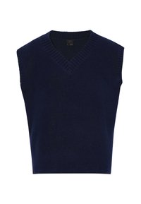 Marinblauer ärmelloser Pullover mit V-Ausschnitt, gerippten Kanten und weicher Textur, entworfen für eine taillierte Silhouette.
