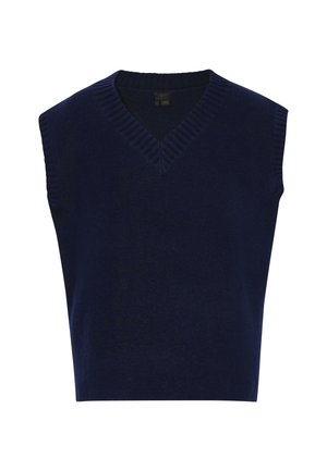 Marinblauer ärmelloser Pullover mit V-Ausschnitt, gerippten Kanten und weicher Textur, entworfen für eine taillierte Silhouette.